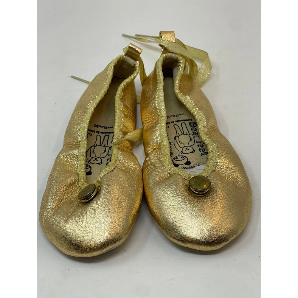 Bear Feet Ballet Flats Kids‎ Size 12 Gold Excellent Metallic Leather Ribbon Tie